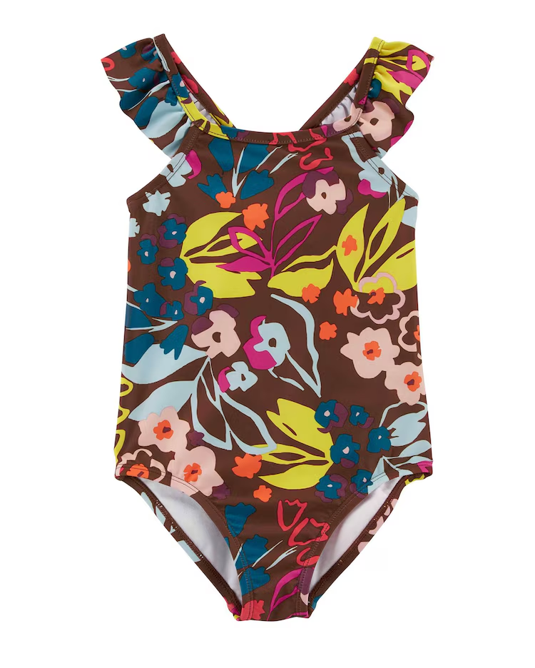 Maiô infantil com babados floral marrom |