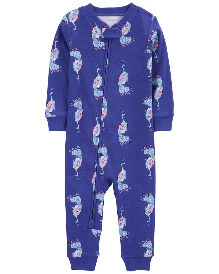 Macacão pijama bebê em fleece barra em ribana pavão azul | Carter's