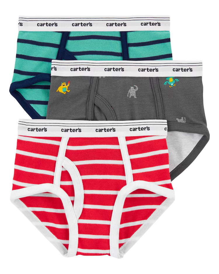 Kit cueca infantil slip 3 peças listradas e monstrinhos cinza |