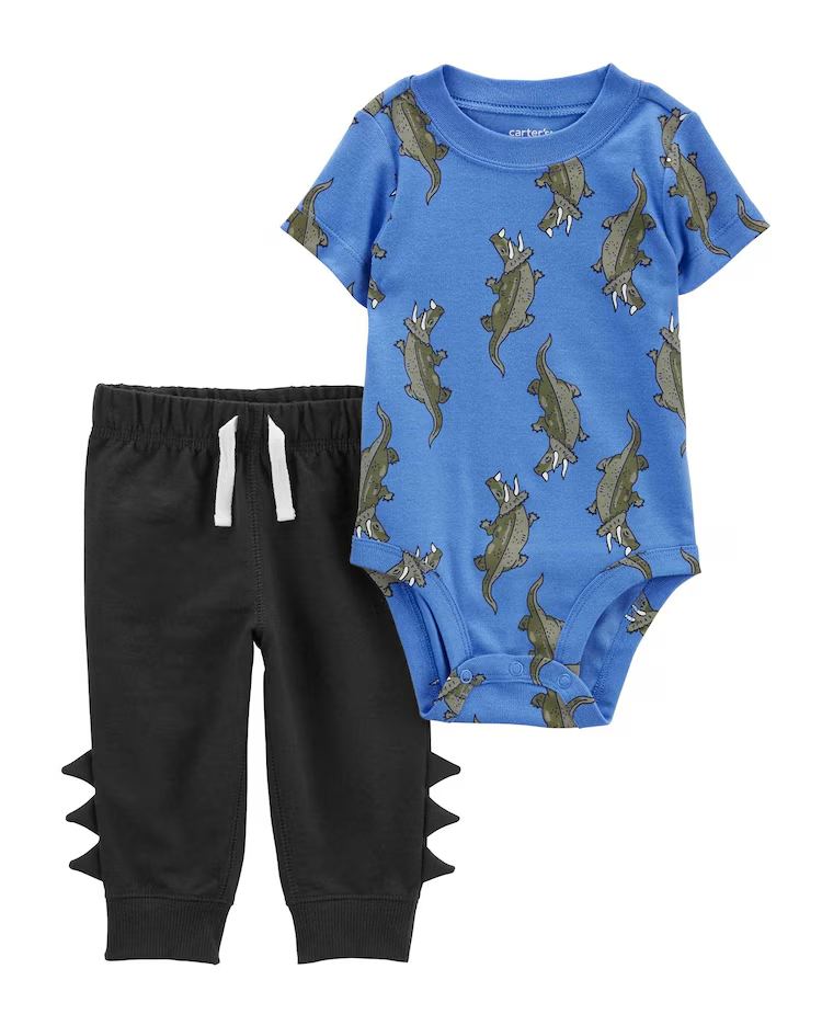 Conjunto longo bebê 2 peças dinossauro azul |