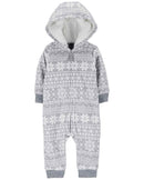 Macacão bebê fleece capuz sherpa neve cinza