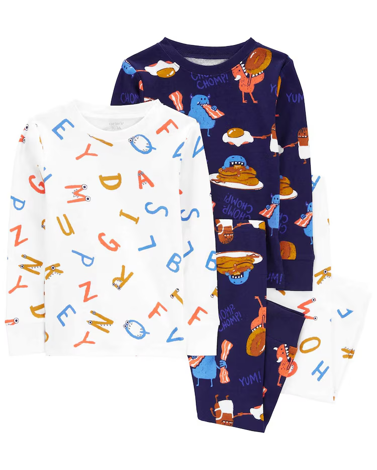 Pijama longo bebê 4 peças listrado monstrinho e letras multicor |