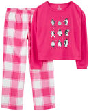 Pijama longo infantil 2 peças fleece xadrez pinguim rosa |